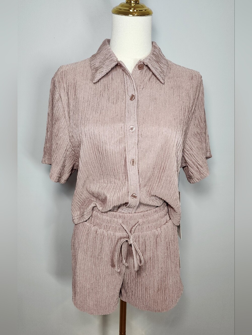 Crinkled Plisse Set Cropped Shirt & Shorts Loungewear Outfit Dusty Mauve Size S